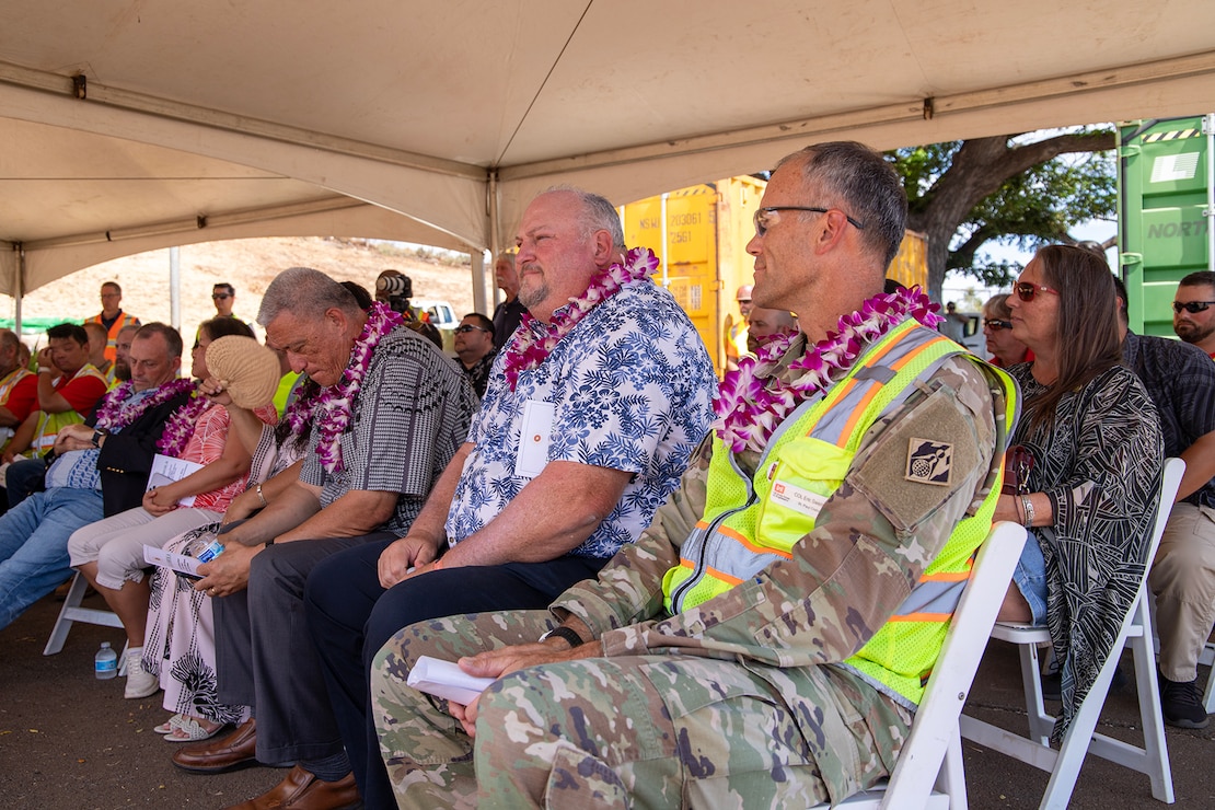 Maui Mayor Richard Bissen (third from right), FEMA Region 9 Administrator Robert Fenton, and Col. Eric Swenson, commander of the U.S. Army Corps of Engineers Recovery Field Office, attend a ground blessing ceremony on Aug. 9 for a sewer line project at the Kilohana Temporary Group Housing site in Lahaina. The event highlighted the collaborative efforts between local, state, and federal agencies in Maui’s recovery from the Aug. 8, 2023 wildfires. The site will soon host 169 FEMA-procured modular housing units.