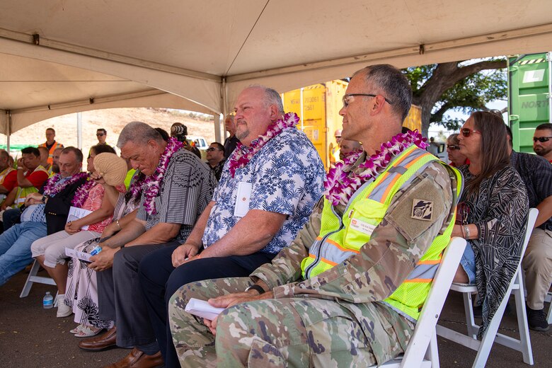 Maui Mayor Richard Bissen (third from right), FEMA Region 9 Administrator Robert Fenton, and Col. Eric Swenson, commander of the U.S. Army Corps of Engineers Recovery Field Office, attend a ground blessing ceremony on Aug. 9 for a sewer line project at the Kilohana Temporary Group Housing site in Lahaina. The event highlighted the collaborative efforts between local, state, and federal agencies in Maui’s recovery from the Aug. 8, 2023 wildfires. The site will soon host 169 FEMA-procured modular housing units.
