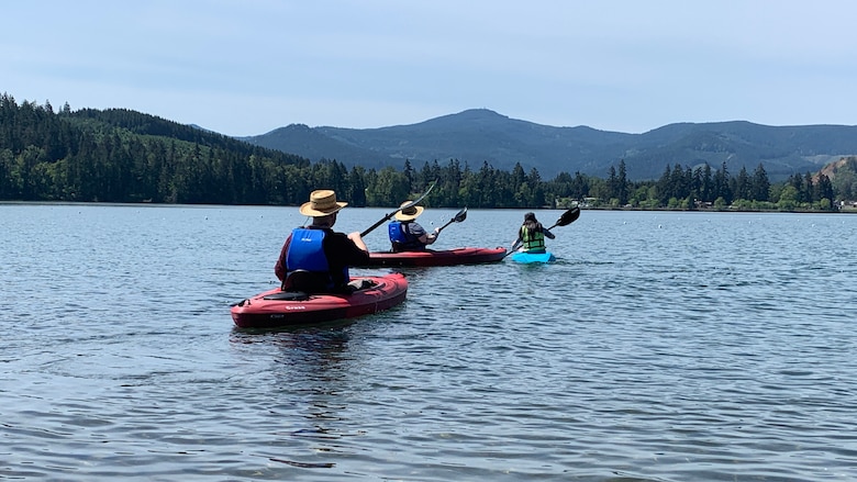 A family kayaks on Dexter Reservoir in Lowell, Oregon, May 5, 2021. 

All family members wore life jackets to help ensure a safe time on the water.