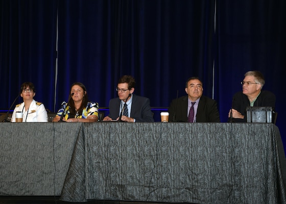 KISSIMMEE, Fla. – (Aug. 26, 2024) – Participants of the Directed Energy Health Effects Research for the Warfighter breakout session held during the 2024 Military Health System Research Symposium (MHSRS) at the Gaylord Palms Resort and Convention Center. Pictured left to right:  co-moderator U.S. Navy Cmdr. Rachel Werner, Naval Medical Research Unit (NAMRU) San Antonio’s deputy chief science director; Dr. Morgan Schmidt, Human Effectiveness Directorate, U.S. Air Force 711th Human Performance Wing (HPW); Jason Payne, principal research biomedical engineer, 711th HPW; Dr. William D’Angelo, Naval Medical Research Unit (NAMRU) San Antonio’s director for Directed Energy Health Effects; and Dr. Edward Pier of Oceanit.  The 2024 MHSRS brings together military, government, academia, and industry experts for four days of critical conversations and intensive idea sharing. Presenters will share their latest research findings and challenges on topics including combat casualty care, military operational medicine, clinical and rehabilitative medicine, medical simulation and information sciences, military infectious diseases, and the radiation health effects. NAMRU San Antonio is one of the leading research and development laboratories for the U.S. Navy under the Department of Defense (DoD) and is one of eight subordinate research commands in the global network of laboratories operating under the Naval Medical Research Command in Silver Spring, Md.  Its mission is to conduct gap driven combat casualty care, craniofacial, and directed energy research to improve survival, operational readiness, and safety of DoD personnel engaged in routine and expeditionary operations. (U.S. Navy photo by Burrell Parmer, NAMRU San Antonio Public Affairs/Released)