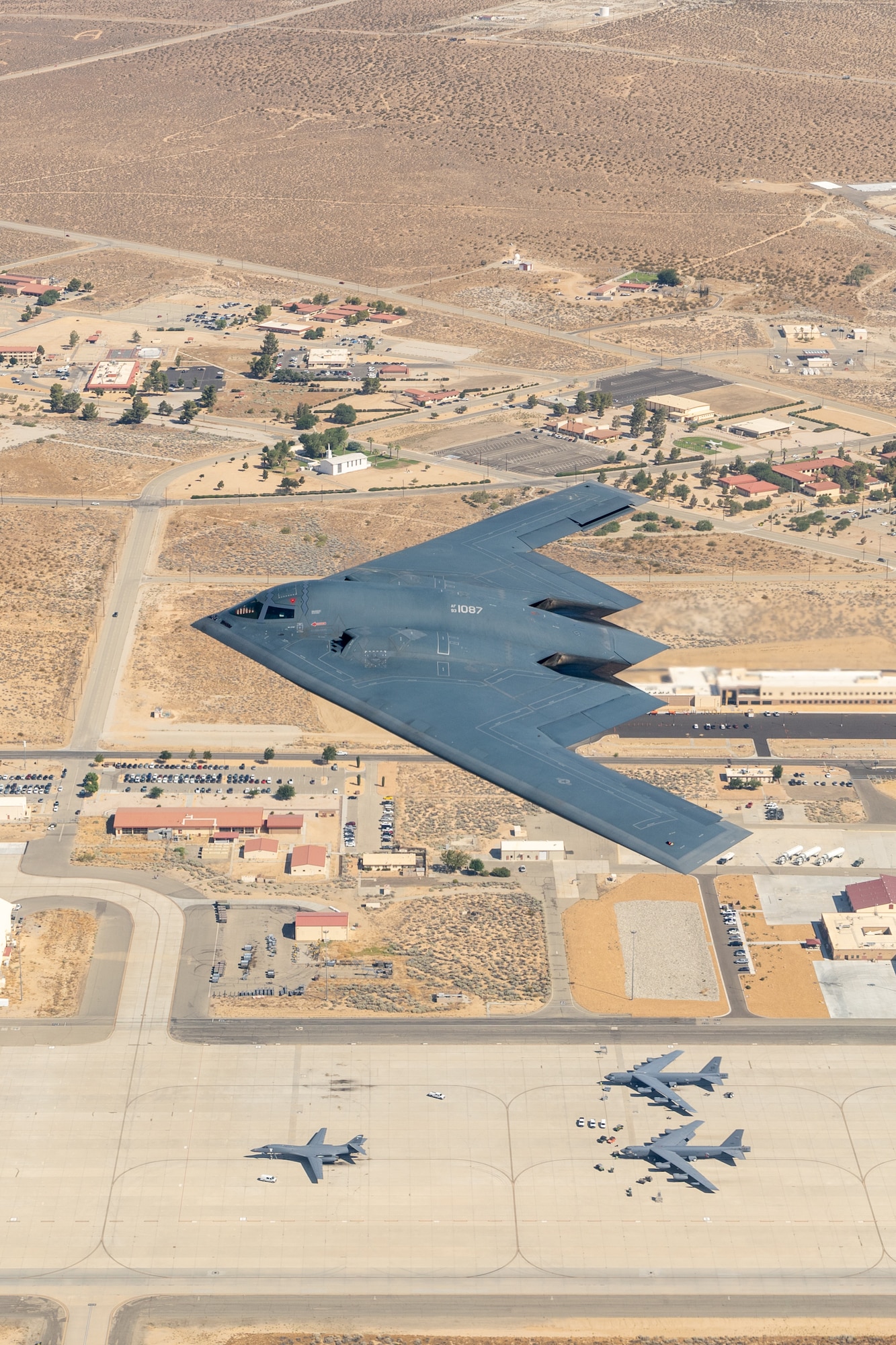 The Spirit of Pennsylvania B-2 Spirit assigned to the 419th Flight Test Squadron flies over Edwards Air Force Base, California, prior to landing, July 17, 35 years after the B-2’s first flight. The aircraft returned to the heart of the Aerospace Testing Universe, where many firsts for technological advancements take place. The reintroduction of the B-2 to a test environment is not only nostalgic, but a careful first step toward new experiments and technological upgrades that will ensure it remains a vital asset in the U.S. Air Force's fleet.