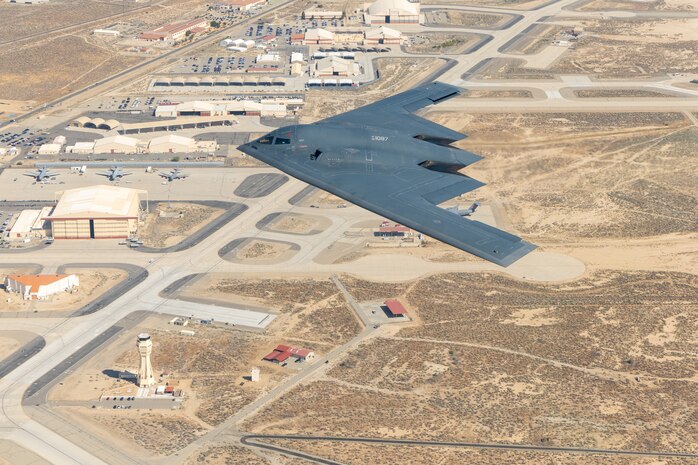 The Spirit of Pennsylvania B-2 Spirit assigned to the 419th Flight Test Squadron flies over Edwards Air Force Base, California, prior to landing, July 17.