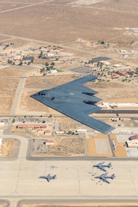 The Spirit of Pennsylvania B-2 Spirit assigned to the 419th Flight Test Squadron flies over Edwards Air Force Base, California, prior to landing, July 17, 35 years after the B-2’s first flight. The aircraft returned to the heart of the Aerospace Testing Universe, where many firsts for technological advancements take place. The reintroduction of the B-2 to a test environment is not only nostalgic, but a careful first step toward new experiments and technological upgrades that will ensure it remains a vital asset in the U.S. Air Force's fleet.