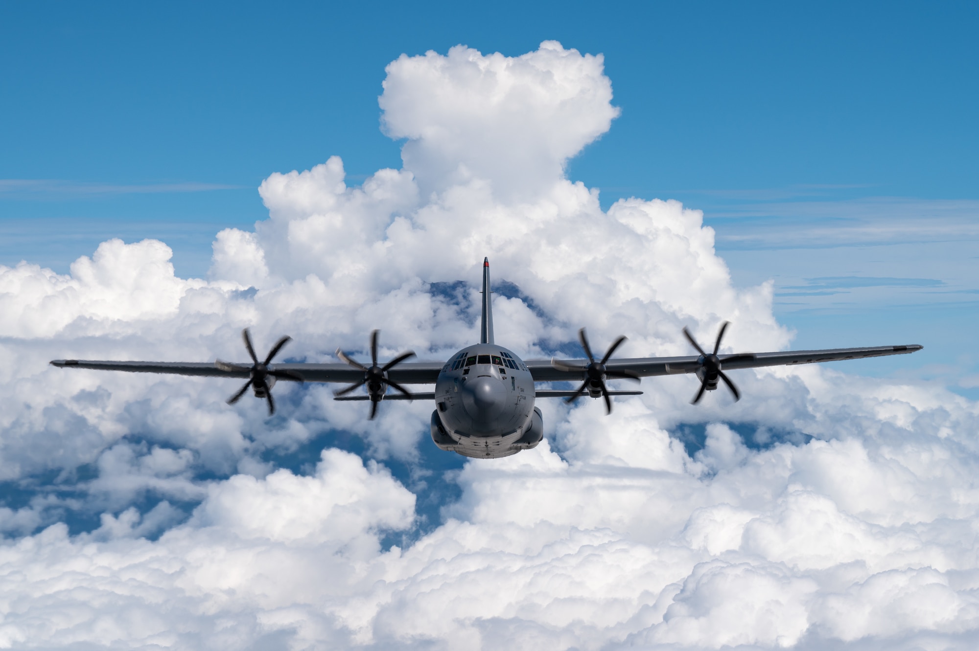 A U.S. Air Force C-130J Super Hercules assigned to the 36th Airlift Squadron flies near Mount Fuji, Japan.