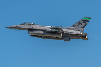 A U.S. Air Force F-16 Fighting Falcon, assigned to the Ohio National Guard’s 180th Fighter Wing, flies over Volk Field Air National Guard Base after a training flight as part of exercise Northern Lightning in Camp Douglas, Wis., Aug. 7, 2024.