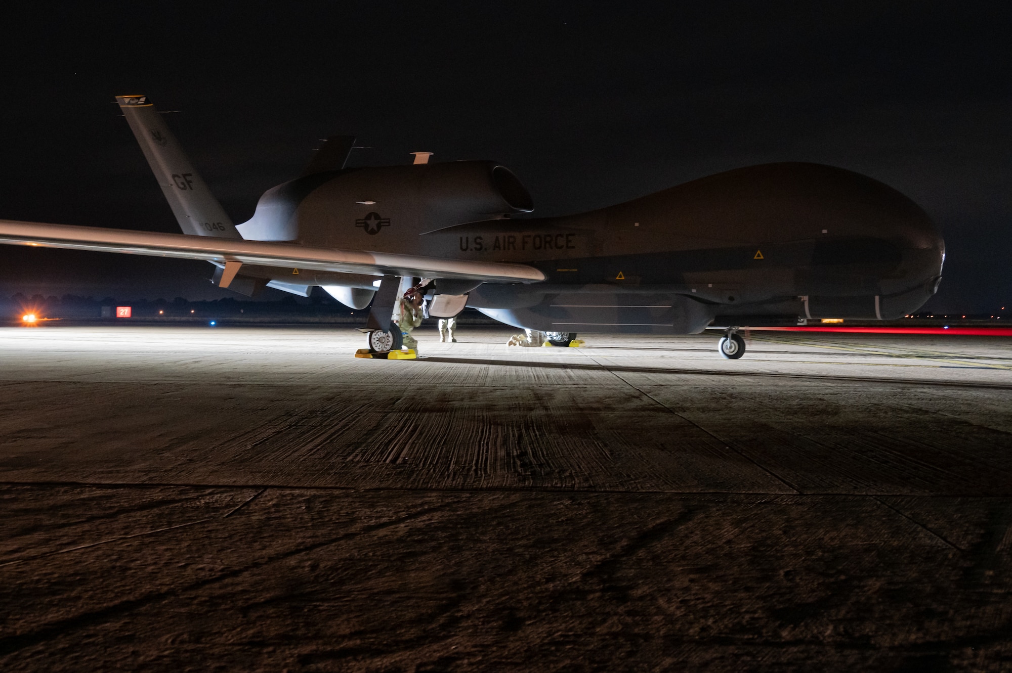 An RQ-4B Global Hawk assigned to Grand Forks Air Force Base’s 319th Reconnaissance Wing taxis down the flightline.