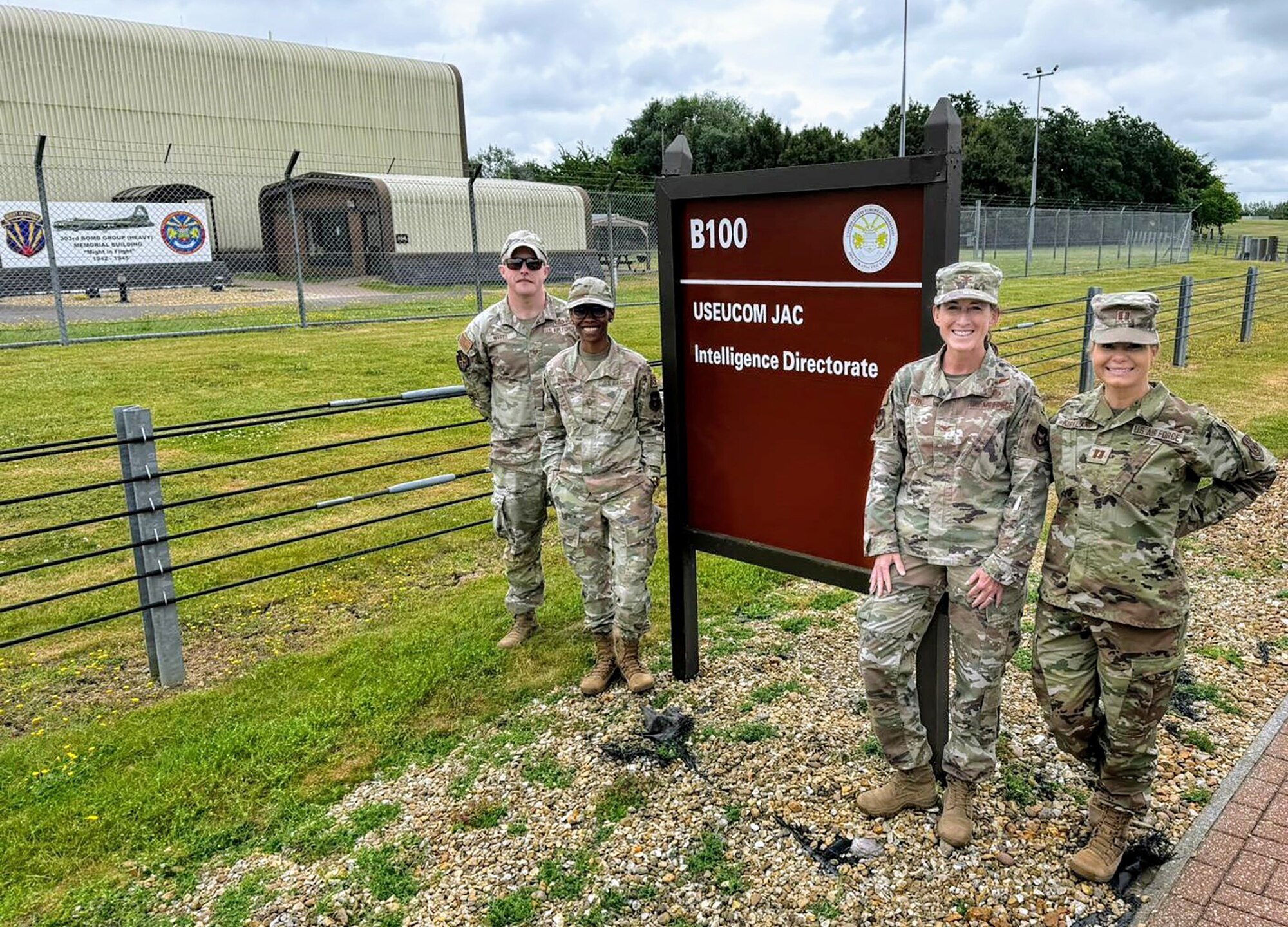 From left, Master Sgt. Ryan Watts, 23rd Intelligence Squadron (IS) flight chief, Master Sgt. Latoria Worlds, 42nd IS readiness superintendent, Col. Kristine Smith, 655th Intelligence, Surveillance and Reconnaissance (ISR) Wing deputy commander, and Capt. Dara Kirkland, 63rd IS flight commander, pose at Joint Analysis Center (JAC) Molesworth July 1, 2024, as part of a Military Reserve Exchange Program visit. Royal Auxiliary Air Force (RAuxAF) units hosted a team from the 655th ISR Wing July 1-12 to share lessons learned about mission, operations, structure, capabilities and tactics. (Courtesy Photo)