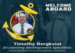The Naval Medical Forces Development Command welcomed Timothy Bergkvist to the team as an E-learning development specialist, August 26, 2024. (U.S. Navy Graphic by Malcolm McClendon).
