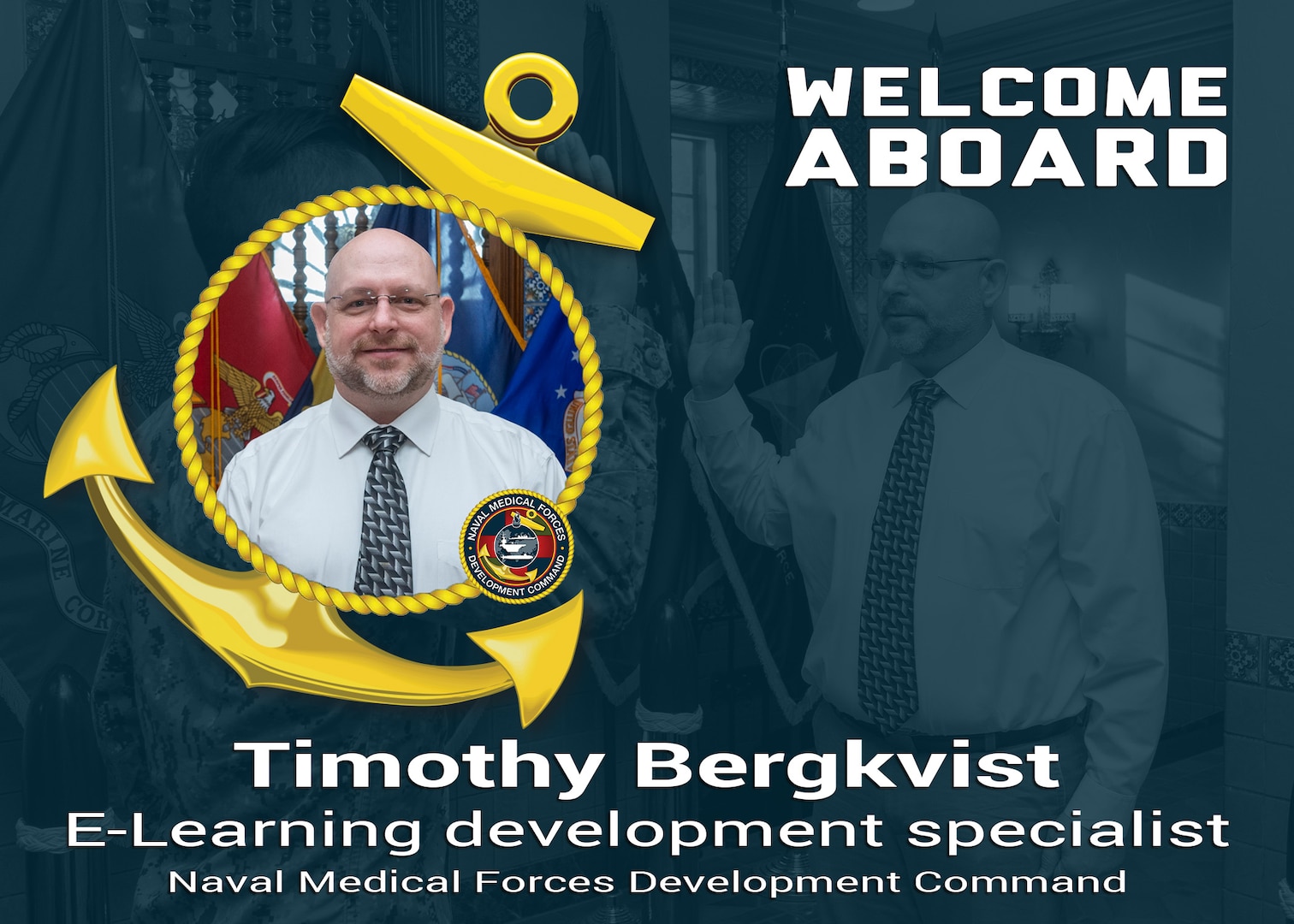 The Naval Medical Forces Development Command welcomed Timothy Bergkvist to the team as an E-learning development specialist, August 26, 2024. (U.S. Navy Graphic by Malcolm McClendon).