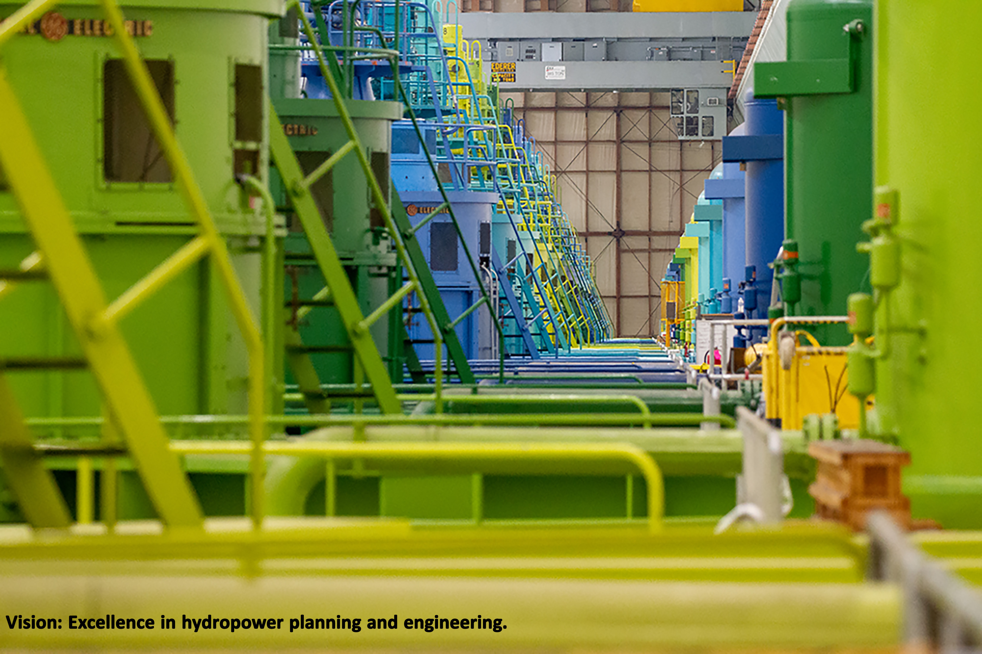 A picture of the inside of a hydroelectric pumphouse is featured.