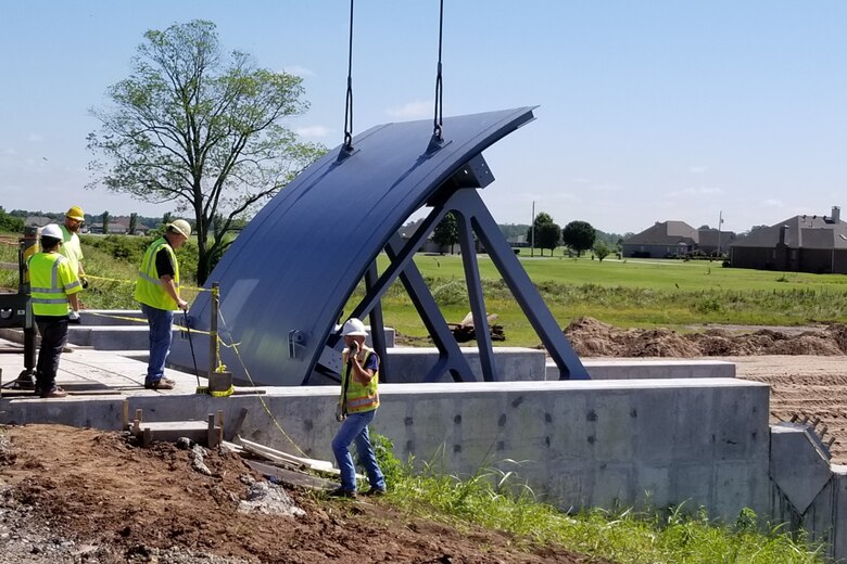 In June 2019, the Memphis District completed installation of the project’s three tainter gates that will control the amount of water released from the reservoir into the primary distribution canal.