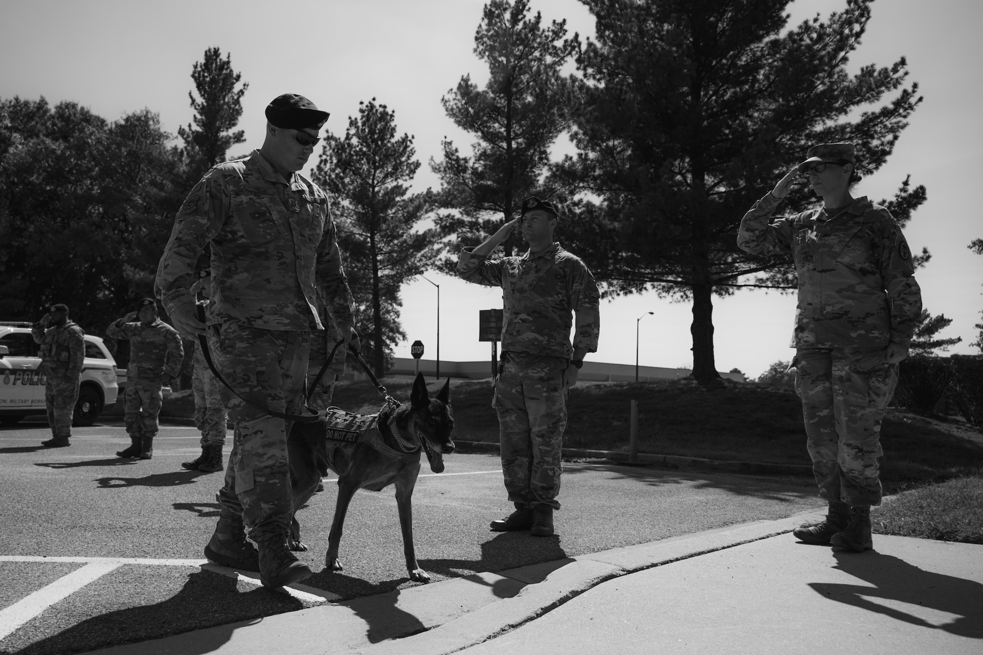 Staff Sgt. Joshua Hack walks Hugo into the veterinary treatment facility.