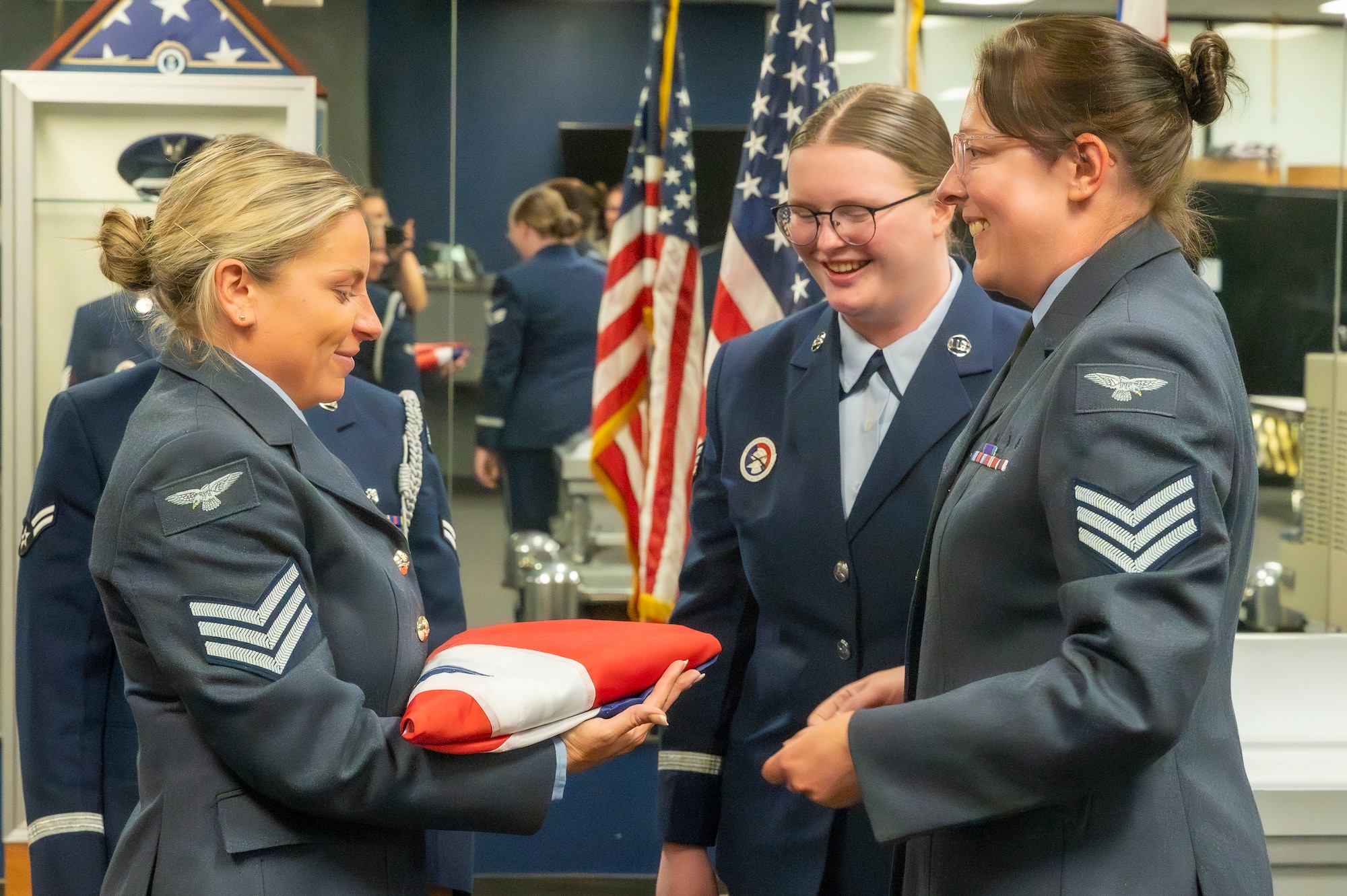 Edwards Air Force Base’s Blue Eagles Honor Guard trained two members of the Royal Air Force to properly conduct a flag-folding ceremony in honor of Stella Brecht, a British World War II Allied Veteran who had recently passed away.