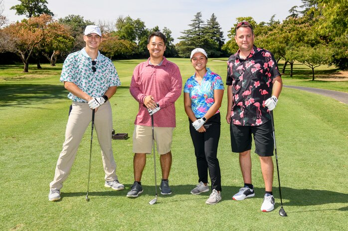 U.S. Air Force Airmen from the 9th Reconnaissance Wing pose for a photo while competing in annual Patriotic Golf Tournament in Marysville, California, Aug. 23, 2024.
