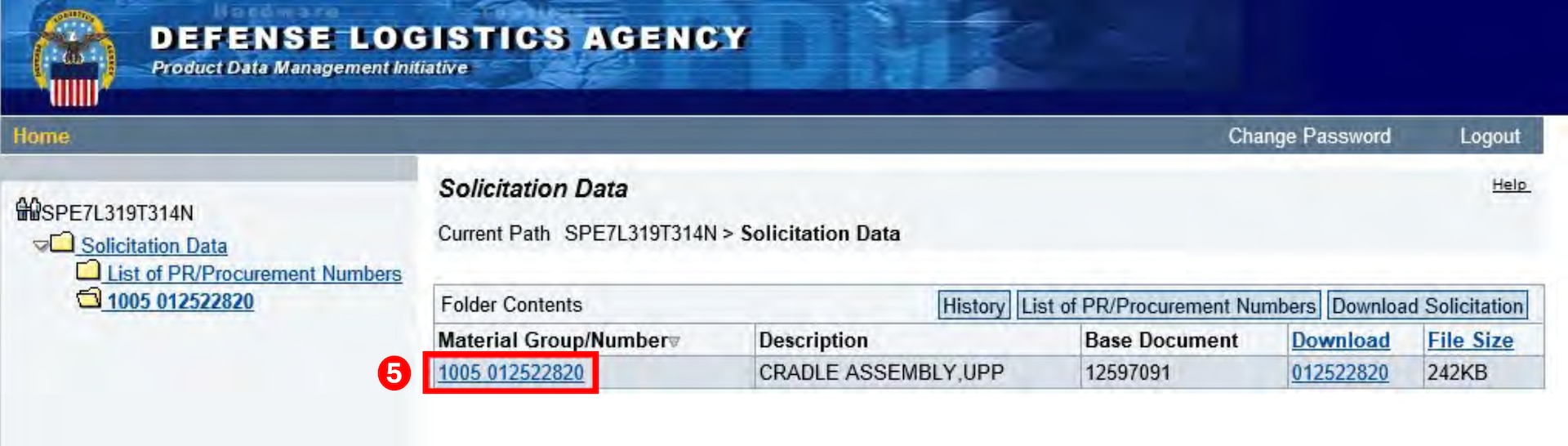Select the material group/number from the Material Group/Number column to display the TDP housed within the solicitation folder.
