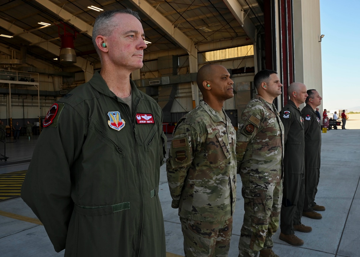55th Wing, 55th Electronic Combat Group, and 43rd Electronic Combat Squadron leadership stand ready to receive Air Combat Command’s first EA-37B Compass Call aircraft