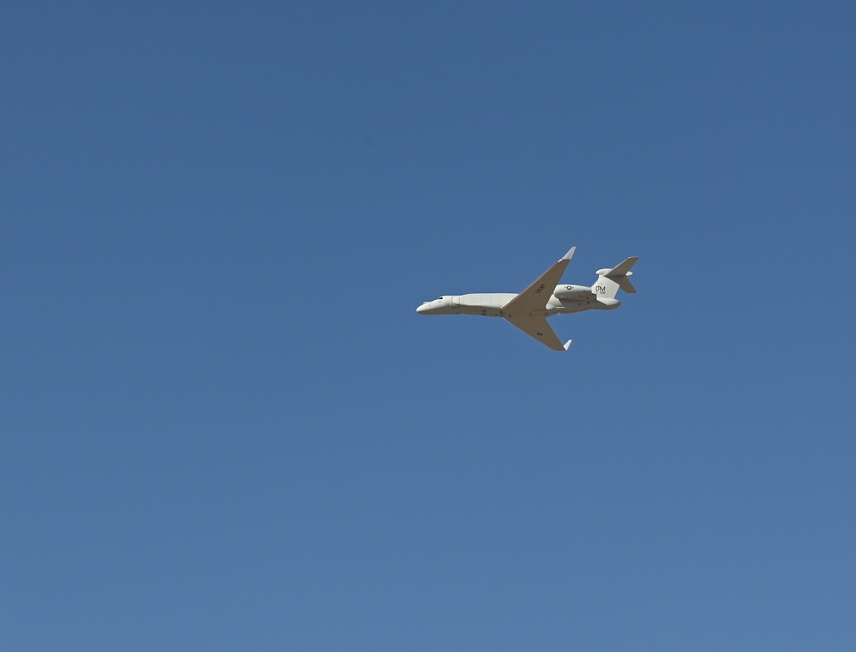 Air Combat Command’s first EA-37B Compass Call arrives overhead at Davis-Monthan AFB, Arizona.