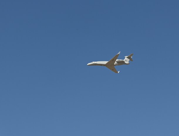 Air Combat Command’s first EA-37B Compass Call arrives overhead at Davis-Monthan AFB, Arizona.