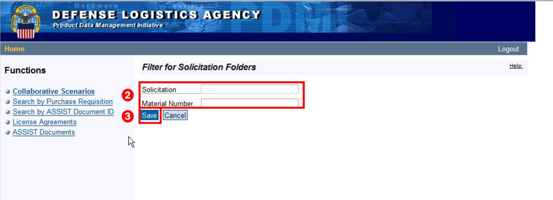 Enter a valid Solicitation and/or Material Number and click "Save" to filter Solicitation folders.