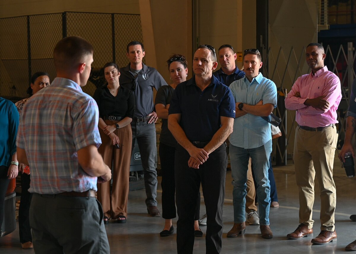 Senior Leader Summit attendees are briefed on the mission of the 312th Training Squadron, Goodfellow Air Force Base, Texas, Aug. 22, 2024. The event provided senior leaders with a large networking opportunity and inducted new Raiders into the 17th Training Wing way of life. (U.S. Air Force Photo by Senior Airman Zach Heimbuch)