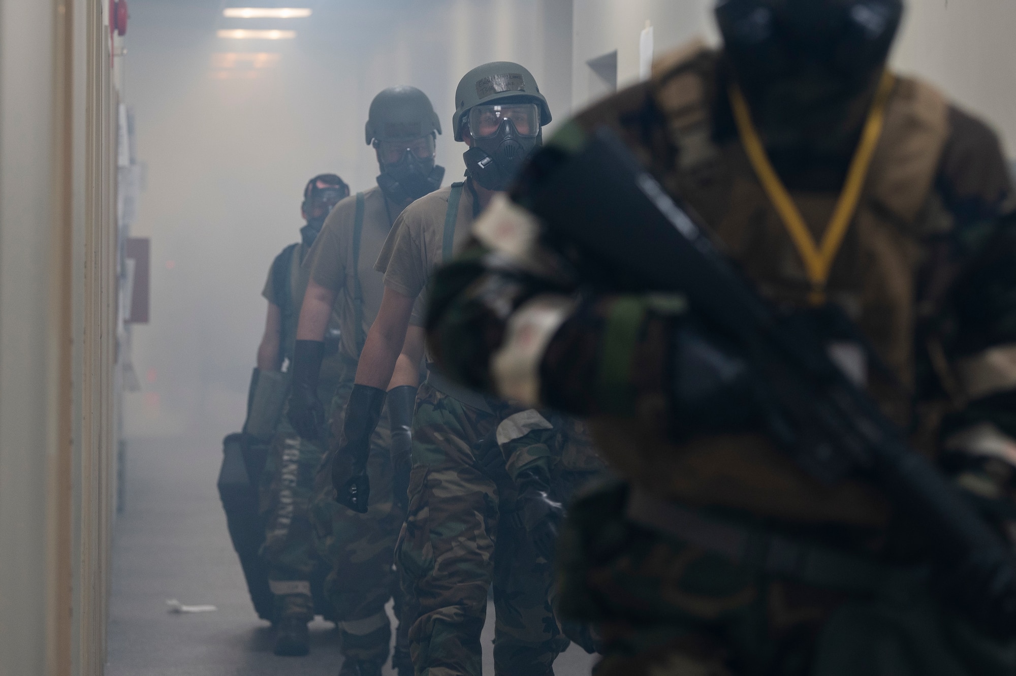 U.S. Air Force members assigned to the 51st Fighter Wing evacuate the wing operations center after a simulated attack during Ulchi Freedom Shield 24 at Osan Air Base, Republic of Korea, Aug. 22, 2024. UFS24 is an annual combined exercise conducted in support of the U.S.-ROK Mutual Defense Treaty that highlights the U.S.’s commitment to the alliance. (U.S. Air Force photo by Staff Sgt. Ashley N. Mikaio)