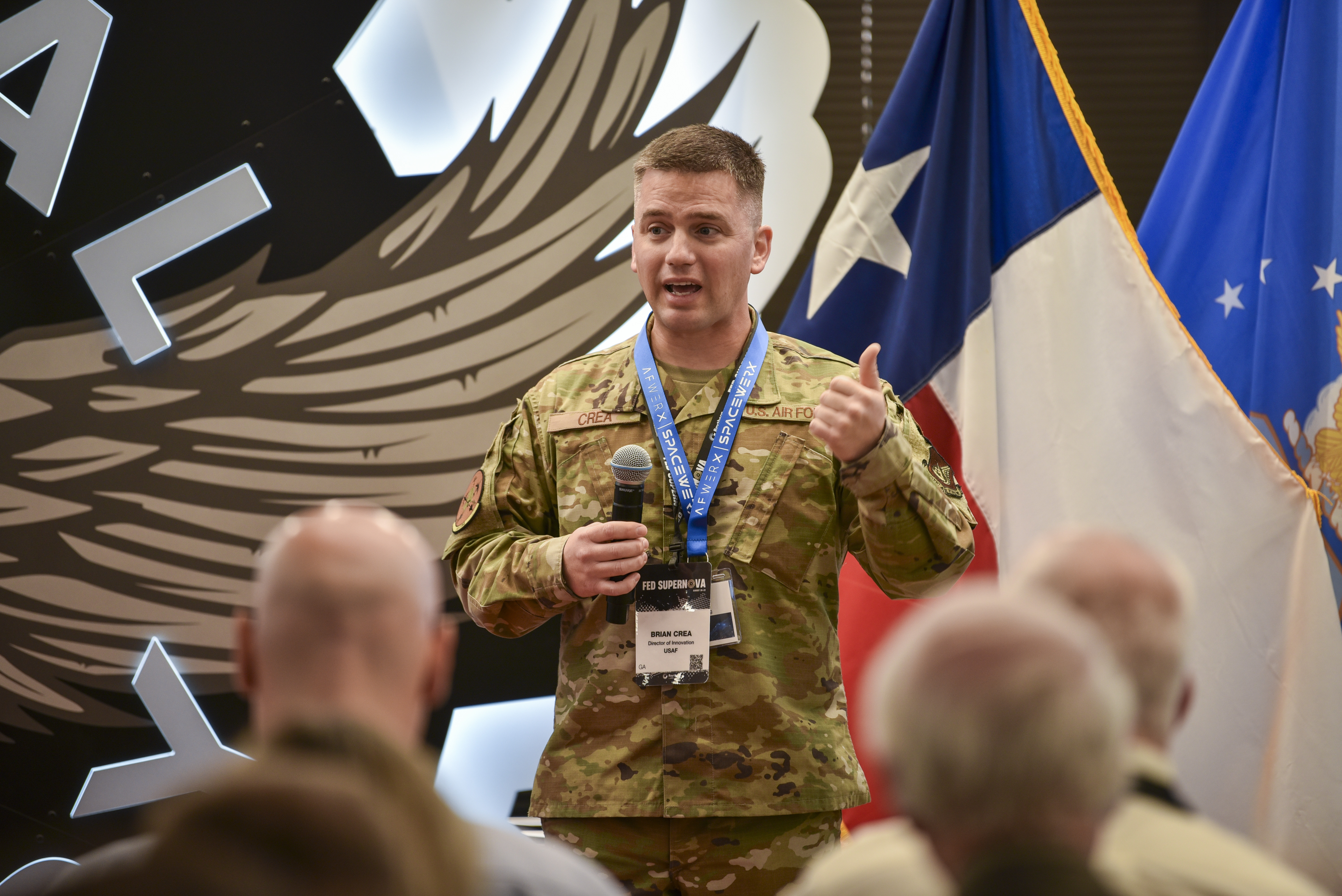 Master Sgt. Brian Crea, 3rd Wing director of innovation, addresses the audience during the Fed Supernova Challenge Showcase and Spark Collider event at Capital Factory in Austin, Texas, Aug. 20, 2024.