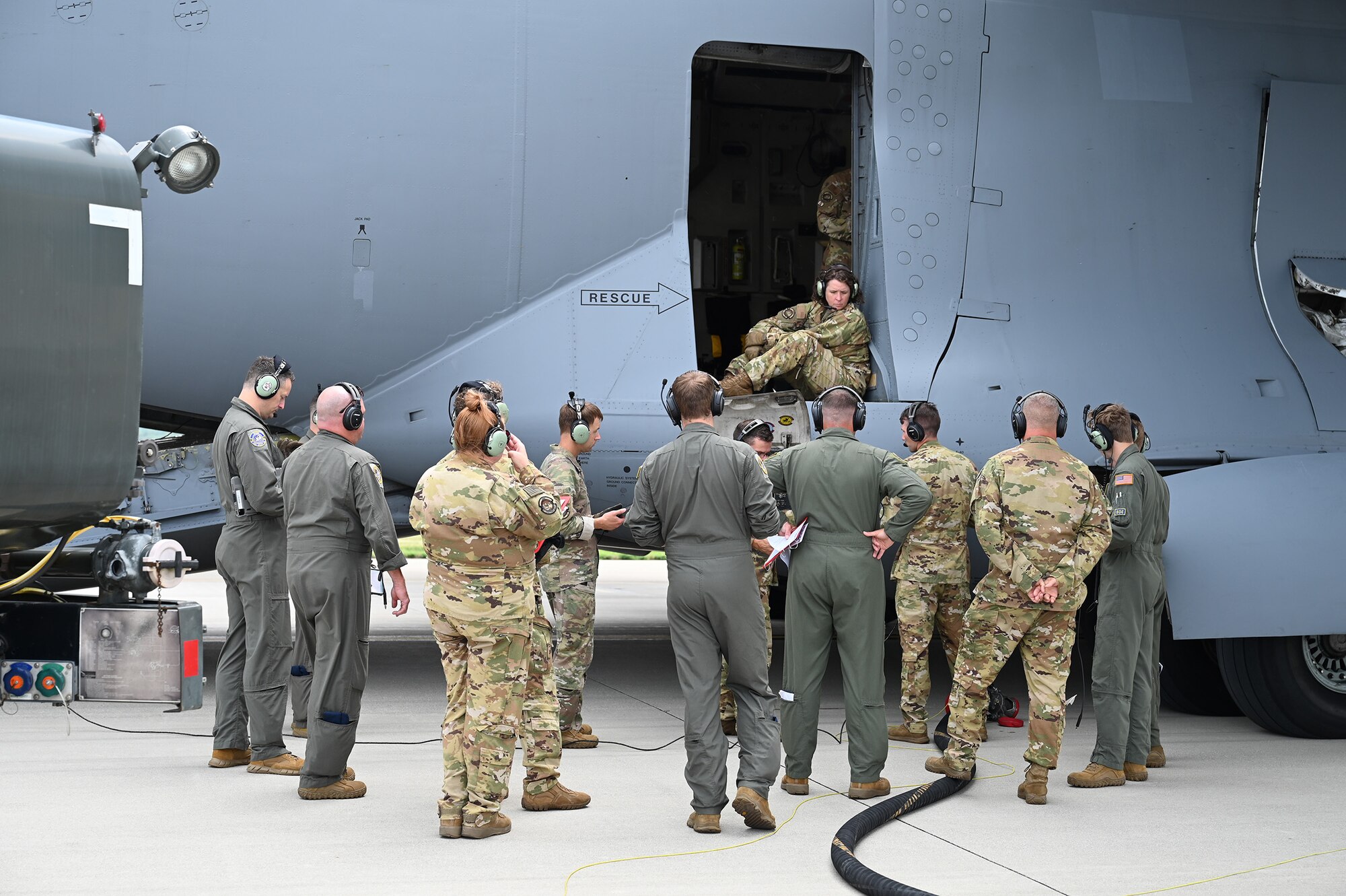 Loadmasters from the 89th Airlift Squadron participate in flightline specialized fueling operations training for the C-17 Globemaster III during the August 3, 2024 unit training assembly. The training is an annual requirement with the goal to ensure the aircrews are trained, certified and confident to safely execute SFO procedures in any operation.