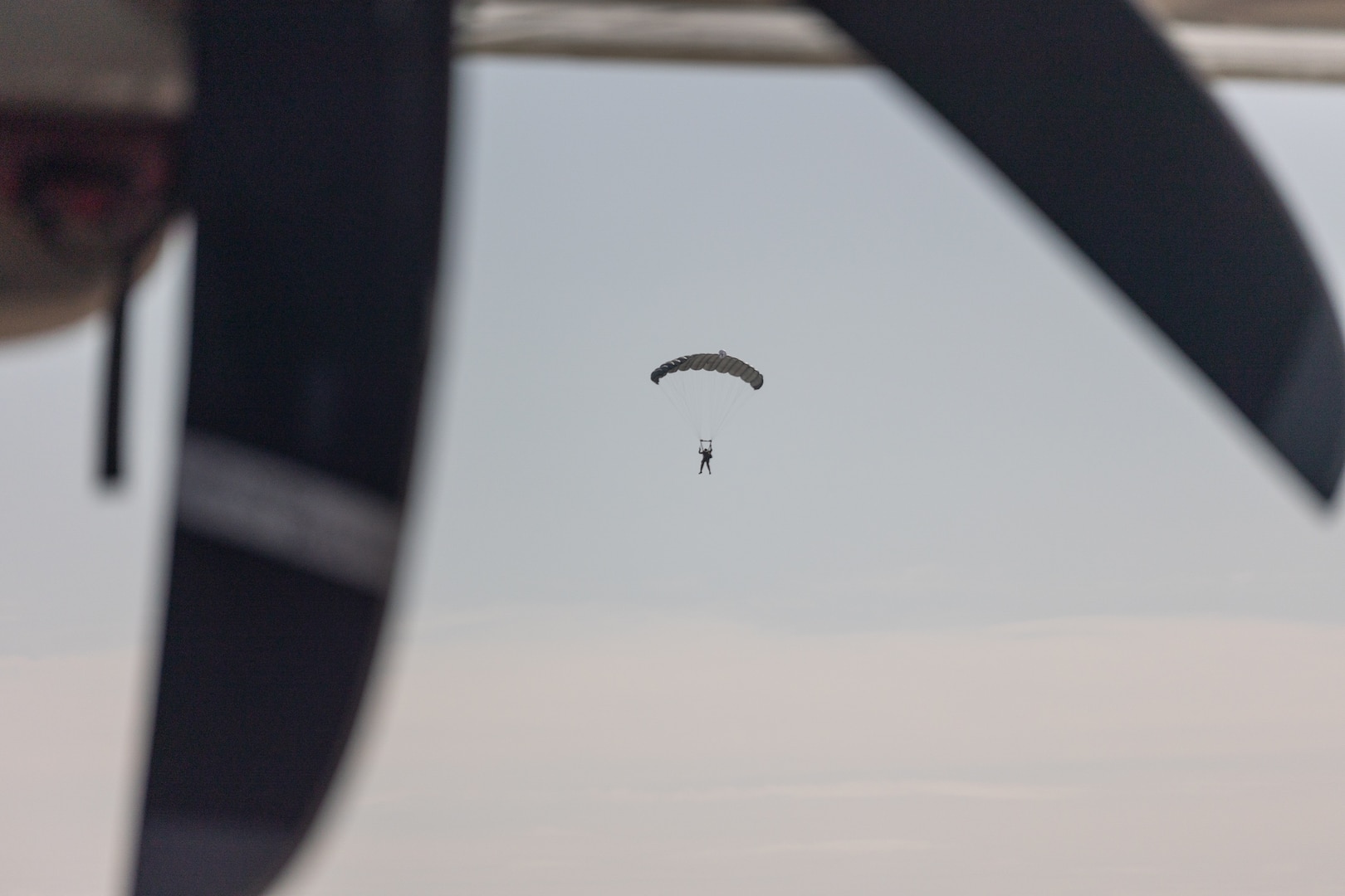 A soldier parachutes out of a C-130J Super Hecules from Little Rock Air Force Base Aug. 23, 2024 at Robins AFB, Georgia. Members of the 1st Batallion, 507th Parachute Infantry Regiment dropped from a C-130 at the 70th anniversary of the C-130. (U.S. Air Force photo by Chris Bishop)