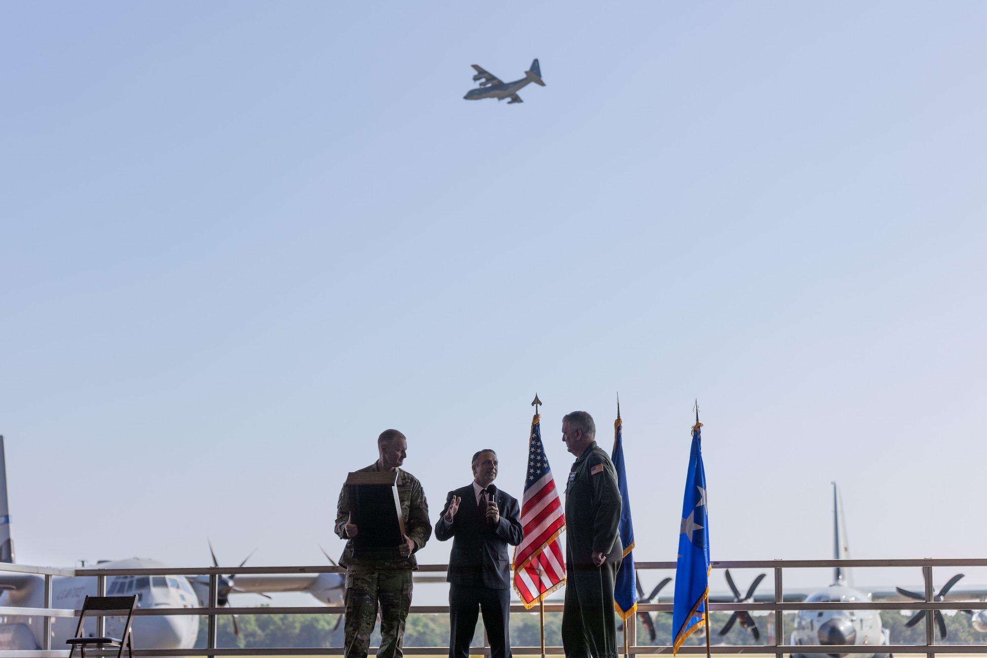Gen. Mike Minihan receives an award from Herc Nation Aug. 23, 2024 at Robins Air Force Base, Georgia. Minihan, Commander Air Mobility Command and C-130 pilot, spoke at the 70th anniversary celebration for the C-130 attended by Air Force and Lockheed Martin leaders. (U.S. Air Force photo by Chris Bishop)