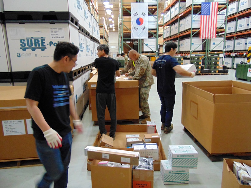 Medics with the 4th Battalion, 70th Armor Regiment, 1st Brigade Combat Team, 1st Armored Division, from Fort Bliss, Texas, conduct joint inventories with the U.S. Army Medical Materiel Agency staff members at the Army Prepositioned Stocks site in Korea, known as APS-4K, during Operation Pacific Fortitude. (Photo Credit: Courtesy Shawn Hardiek)