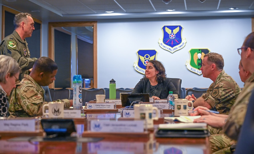 Under Secretary of the Air Force Melissa Dalton (center) attends a combined mission briefing during a visit to Minot Air Force Base, North Dakota, Aug. 27, 2024. The visit emphasized advancing the nuclear bomber and missile enterprise and enhancing Airmen readiness.