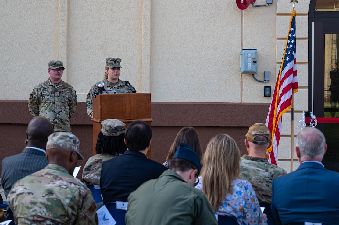 Lt. Col. Jennifer Jones, 2nd Communications Squadron commander, gives her remarks at the ribbon-cutting ceremony for the new 2nd CS consolidated facility at Barksdale Air Force Base, Aug. 28, 2024. The grand opening of the new facility is a milestone that represents a new chapter for all of team Barksdale. (U.S. Air Force photo by Airman 1st Class Aaron Hill)