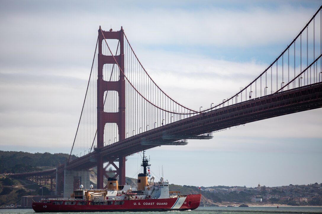 The U.S. Coast Guard Cutter Polar Star (WAGB 10) sails under the Golden Gate Bridge after it departed the San Francisco Bay Area following scheduled maintenance in Vallejo, Calif. en route to the cutter’s homeport of Seattle, Aug. 22, 2024. The Polar Star is a 399-foot heavy polar icebreaker commissioned in 1976; the six diesel and three gas turbine engines produce up to 75,000 horsepower. (U.S. Coast Guard photo by Auxiliarist Pablo Fernicola)