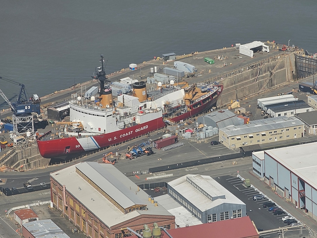 The U.S. Coast Guard Cutter Polar Star (WAGB 10) undergoes the fourth phase of a five-year Service Life Extension Project at the Mare Island Dry Dock, LLC. in Vallejo, California, June 23, 2024. The work completed was part of the in-service vessel sustainment program with the goal of recapitalizing targeted systems, including propulsion, communication, and machinery control systems, as well as effecting significant maintenance to extend the cutter’s service life. U.S. Coast Guard photo by Cdr. Jeremy Courtade.