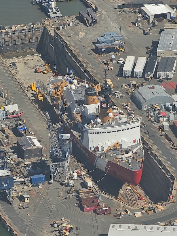 The U.S. Coast Guard Cutter Polar Star (WAGB 10) undergoes the fourth phase of a five-year Service Life Extension Project at the Mare Island Dry Dock, LLC. in Vallejo, California, June 23, 2024. The work completed was part of the in-service vessel sustainment program with the goal of recapitalizing targeted systems, including propulsion, communication, and machinery control systems, as well as effecting significant maintenance to extend the cutter’s service life. U.S. Coast Guard photo by Cdr. Jeremy Courtade.