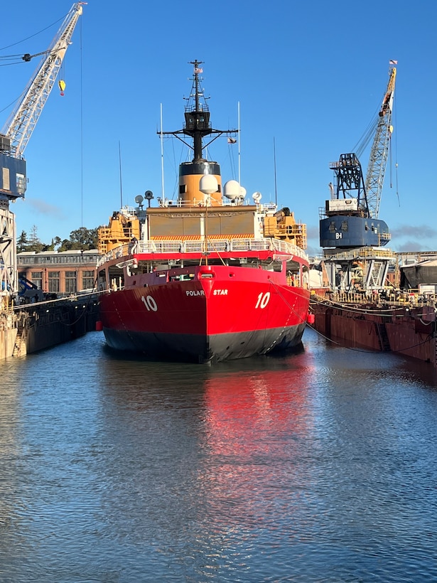 The U.S. Coast Guard Cutter Polar Star (WAGB 10) is refloated within a dry dock facility in Vallejo, California, after the cutter underwent maintenance, Aug. 15, 2024. The cutter completed phase four of Polar Star’s Service Life Extension Project which took place over approximately 140 days and represented a total investment of $16.8 million. U.S. Coast Guard photo by Lt. Megan Rice.