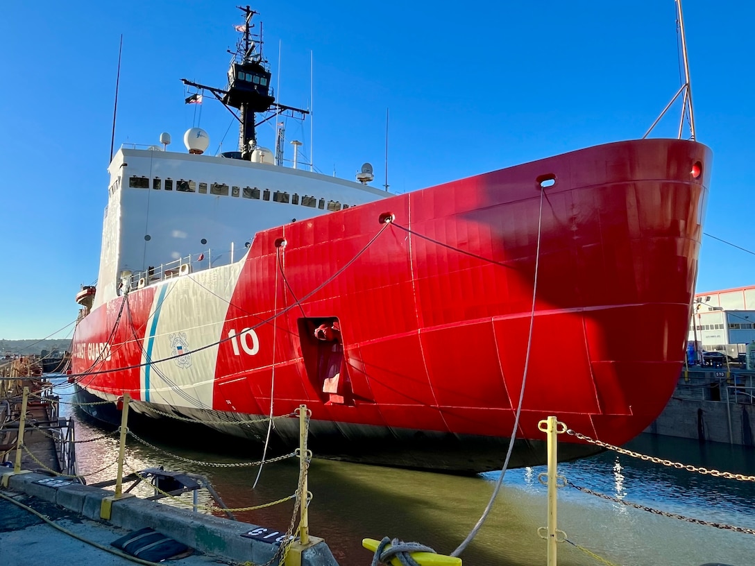 The U.S. Coast Guard Cutter Polar Star (WAGB 10) is refloated within a dry dock facility in Vallejo, California, after the cutter underwent months-long maintenance, Aug. 15, 2024. The cutter completed phase four of Polar Star’s Service Life Extension Project which took place over approximately 140 days and represented a total investment of $16.8 million. U.S. Coast Guard photo by Lt. Megan Rice.