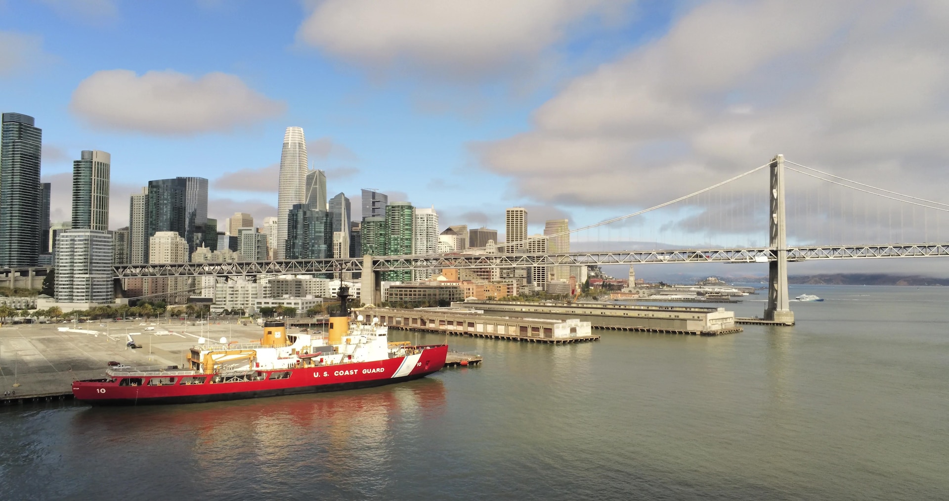 The U.S. Coast Guard Cutter Polar Star (WAGB 10) is moored in San Francisco following the fourth phase of a five-year Service Life Extension Project at the Mare Island Dry Dock, LLC. in Vallejo, California, Aug. 18, 2024. The work completed was part of the in-service vessel sustainment program with the goal of recapitalizing targeted systems, including propulsion, communication, and machinery control systems, as well as effecting significant maintenance to extend the cutter’s service life. U.S. Coast Guard photo by Petty Officer 2nd Class Jeremy Burgess.