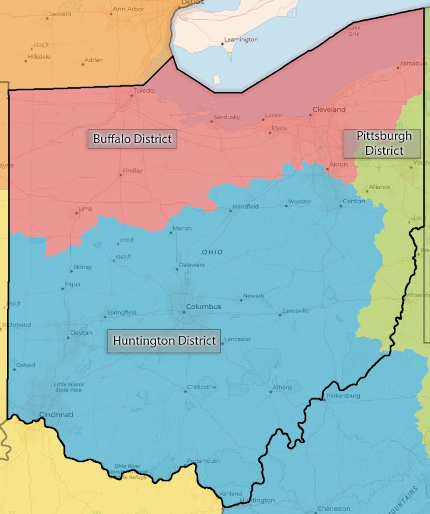 Map of Ohio divided into three colors signifying the boundaries of three different districts.
