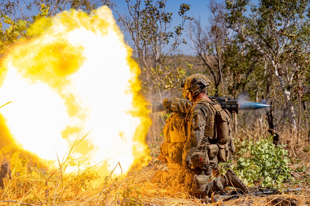 U.S. Marine Corps Lance Cpl. Eli Gregg and Lance Cpl. Ryan Waskosky, fire a MAAW during a live-fire range as a part of Exercise Predator’s Run 24 at Mount Bundey Training Area, NT, Australia, July 30, 2024.