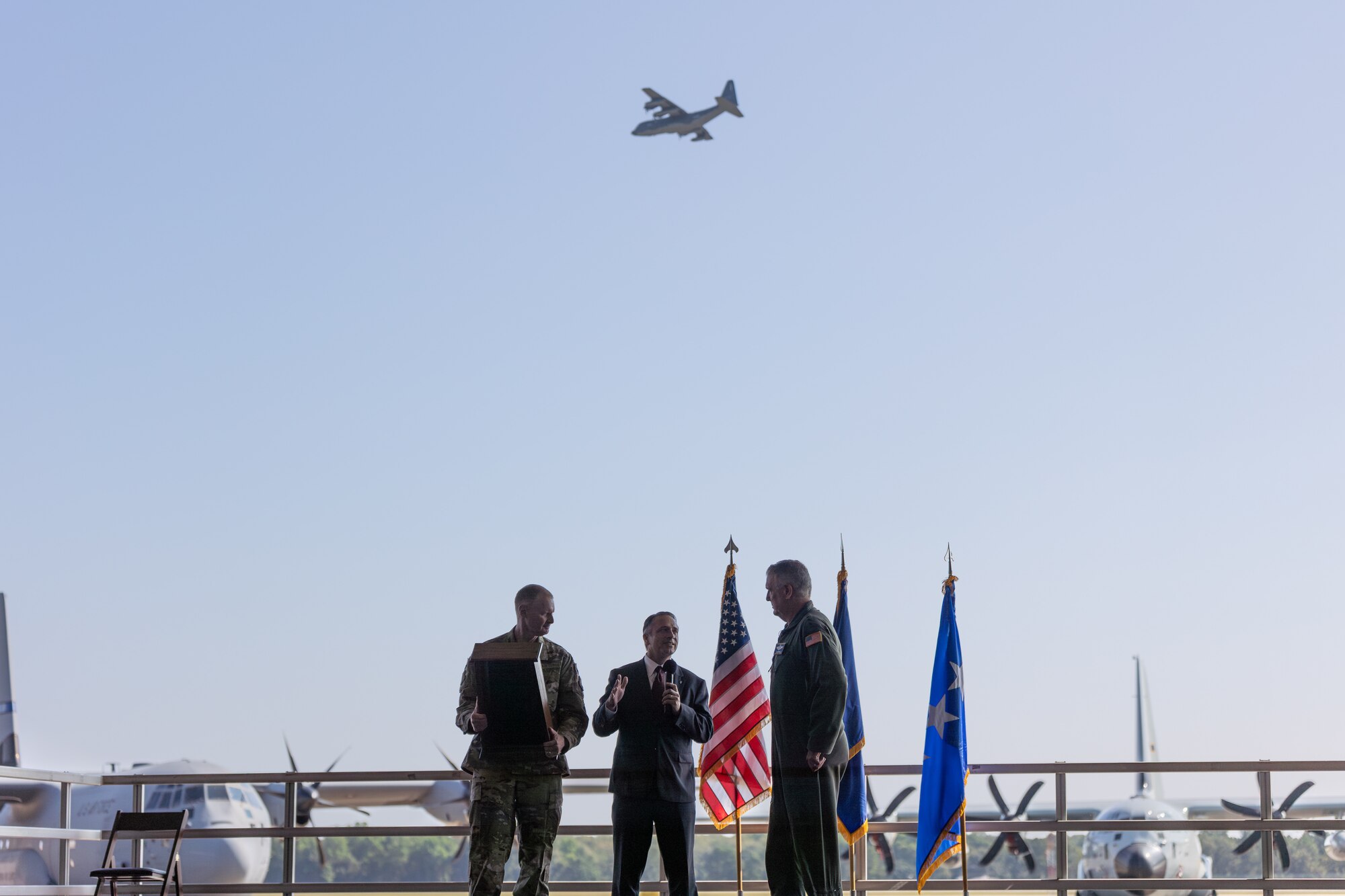 Gen. Mike Minihan receives an award from Herc Nation Aug. 23, 2024 at Robins Air Force Base, Georgia. Minihan, Commander Air Mobility Command and C-130 pilot, spoke at the 70th anniversary celebration for the C-130 attended by Air Force and Lockheed Martin leaders. (U.S. Air Force photo by Chris Bishop)