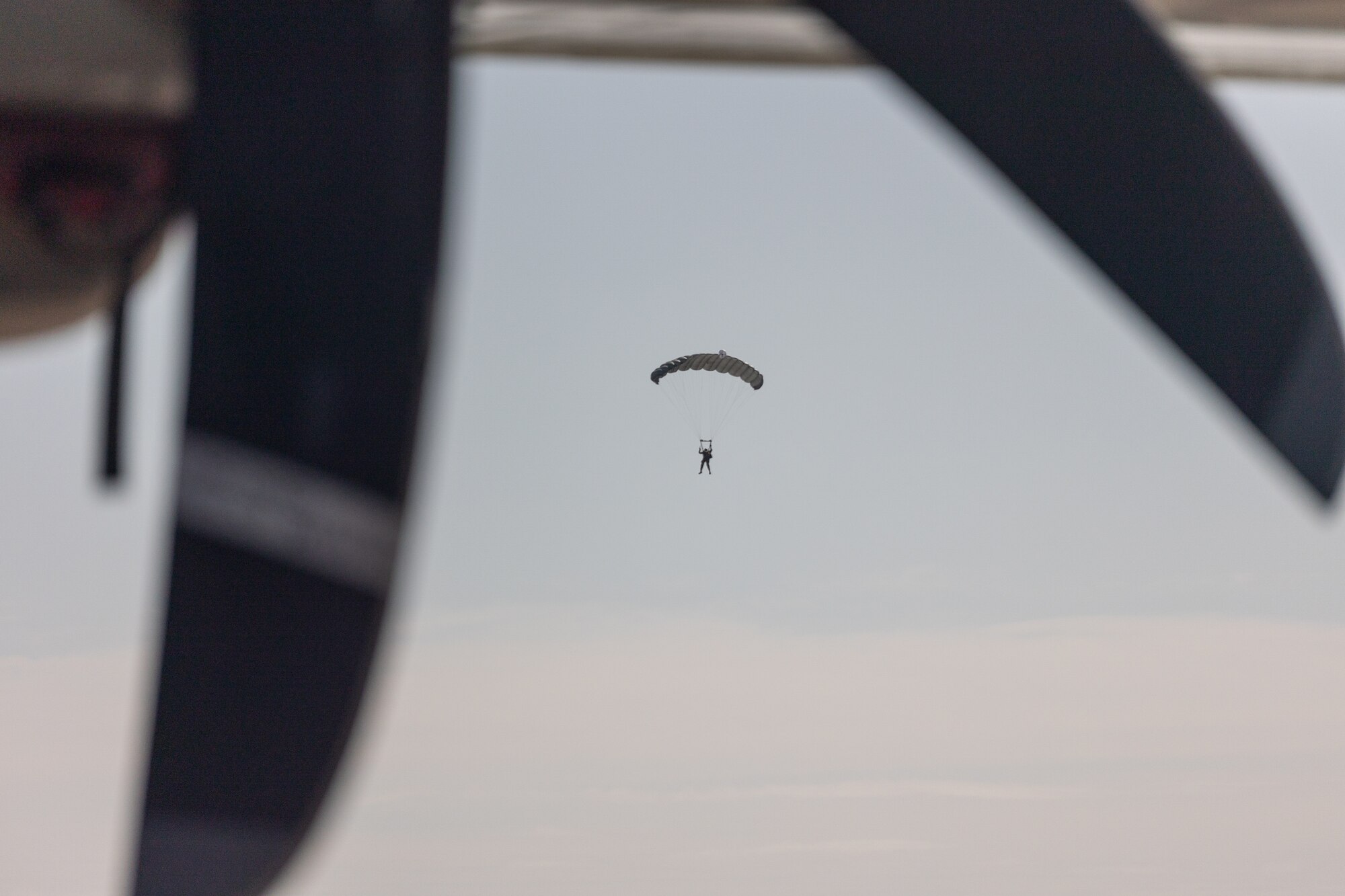 A soldier parachutes out of a C-130J Super Hecules from Little Rock Air Force Base Aug. 23, 2024 at Robins AFB, Georgia. Members of the 1st Batallion, 507th Parachute Infantry Regiment dropped from a C-130 at the 70th anniversary of the C-130. (U.S. Air Force photo by Chris Bishop)