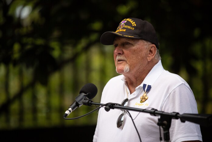 U.S. Marine Corps Cpl. Daniel L. Heller, a Vietnam veteran, speaks during his Navy Cross award ceremony at Marine Barracks Washington, Washington D.C., Wednesday, Aug. 28, 2024. The award ceremony was an upgrade to a Silver Star award for Cpl. Heller's actions during the Vietnam War on Feb. 13, 1969.