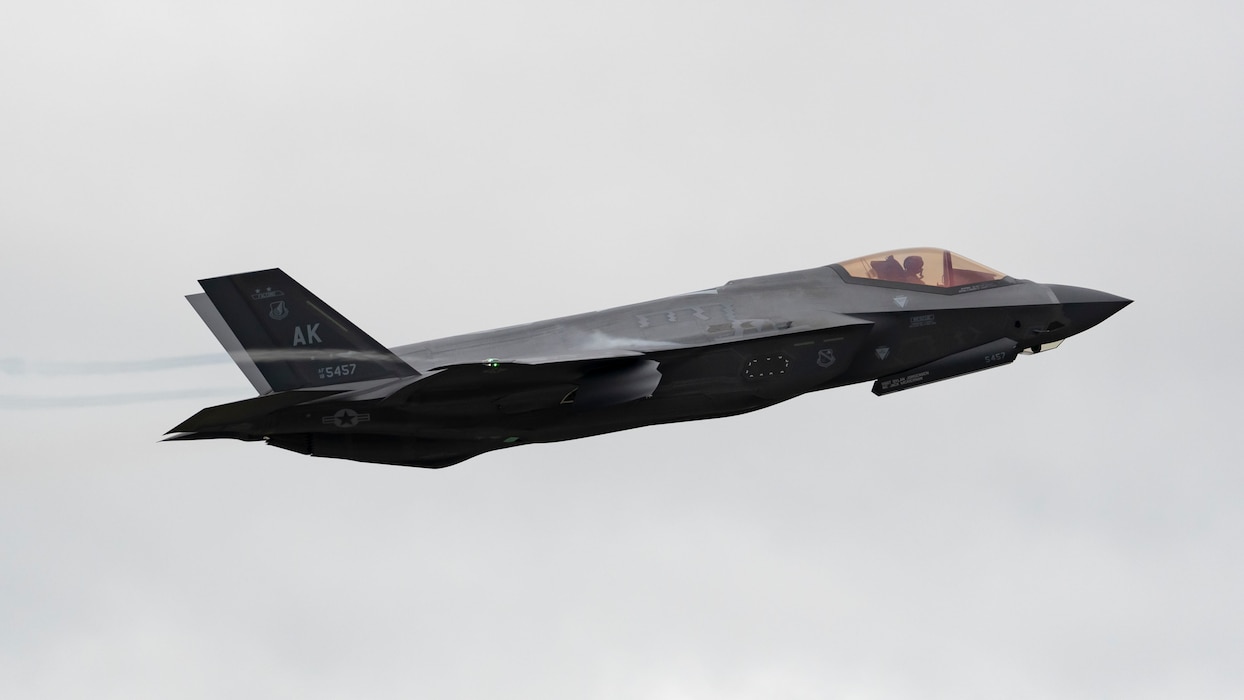 U.S. Air Force Capt. Analise “Hype” Howard, F-35 Lightning II pilot assigned to the 355th Fighter Squadron, takes off during Red Flag-Alaska 24-3