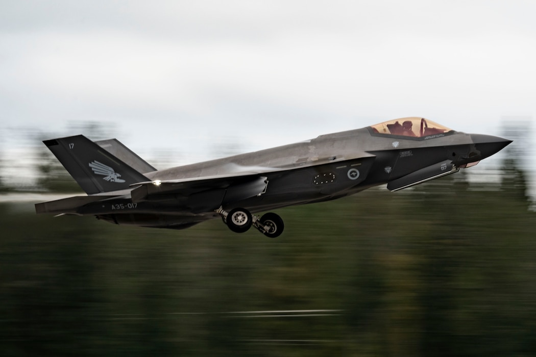 A Royal Australian Air Force F-35A Lightning II assigned to No. 75 Squadron, RAAF Base Tindal, takes off