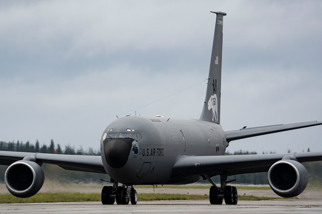 A U.S. Air Force KC-135 Stratotanker, assigned to the 168th Air Refueling Squadron, taxis on the airfield during Red Flag-Alaska 24-3