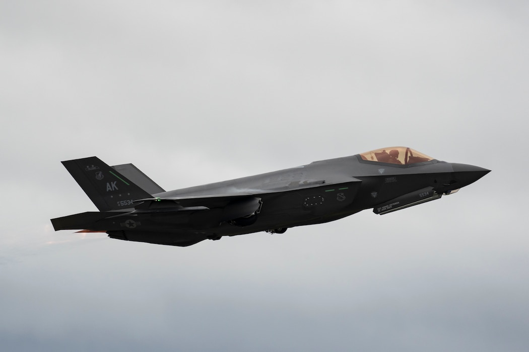 A U.S. Air Force F-35 Lightning II assigned to the 355th Fighter Squadron takes off during Red Flag-Alaska 24-3