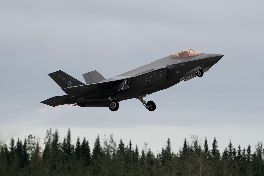 A U.S. Air Force F-35 Lightning II, assigned to the 355th Fighter Squadron, takes off during Red Flag-Alaska 24-3