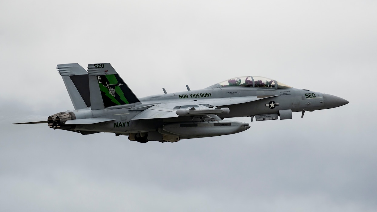 A U.S. Navy EA-18G Growler, assigned to the Electronic Attack Squadron 135 (VAQ-135) “Black Ravens”, takes off during Red Flag-Alaska 24-3