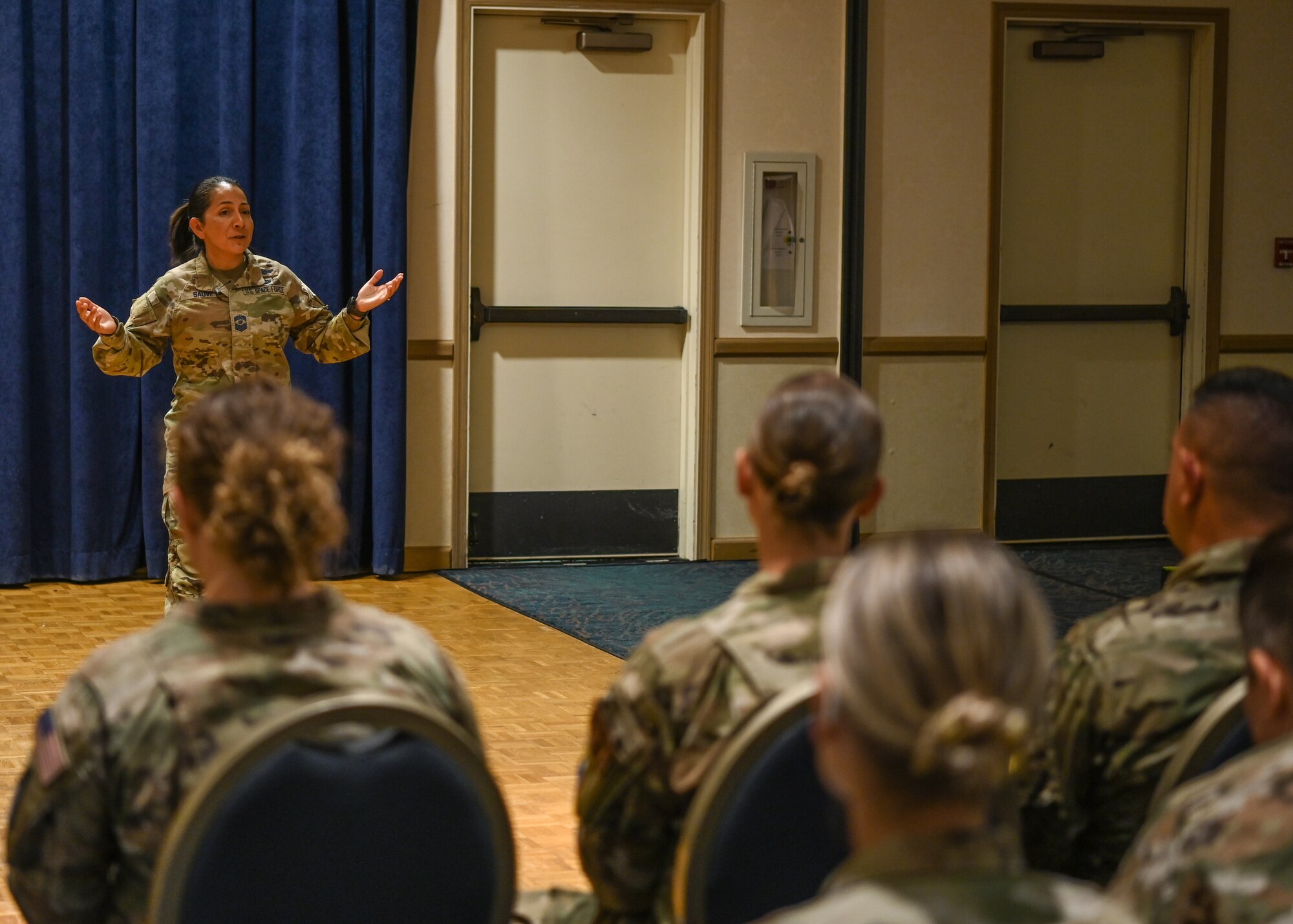 A Space Systems Command senior enlisted leader speaks to Guardians and Airmen at the all-call at Vandenberg Space Force Base.